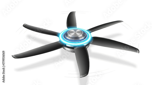 Futuristic drone with six dark grey blades and blue glowing ring