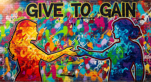 Vibrant Give To Gain Mural with Women Silhouettes on City Wall