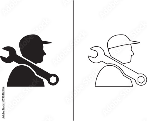 Silhouette of a mechanic with a wrench over his shoulder isolated on transparent background