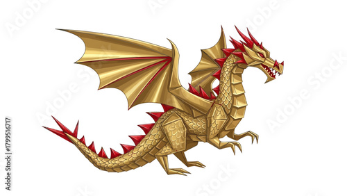 Golden dragon with red spikes and wings white background