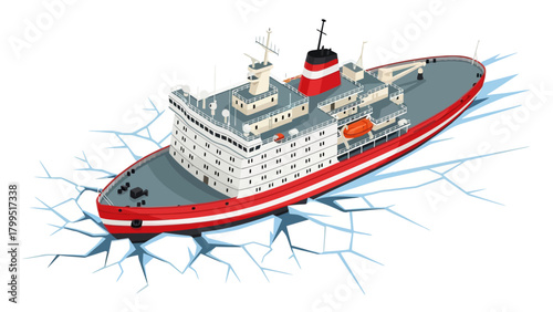 Icebreaker ship stuck in cracked ice