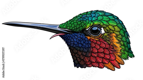 Hummingbird head with iridescent feathers and long beak