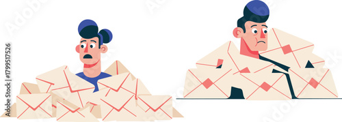 Character Submerged in Email Envelopes Cartoon Illustration