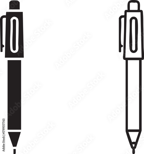 Two distinct pen icons one solid black silhouette and one outline drawing isolated on transparent background