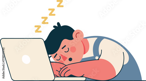 Student Sleeping on Laptop Keyboard Cartoon Illustration