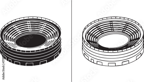 Two distinct silhouette illustrations of the colosseum isolated on transparent background
