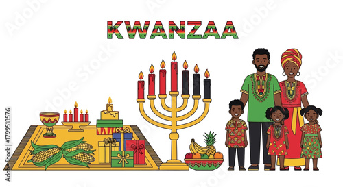 Kwanzaa Celebration Family, Symbols, and Festive Traditions Depicted in a Colorful Illustration
