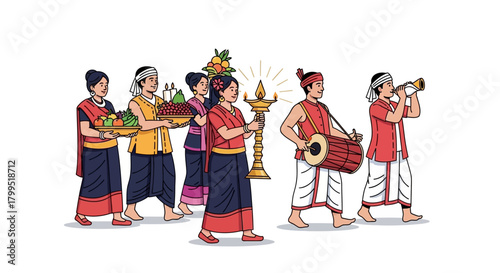 Cultural Procession with Musicians and Offerings in Traditional Attire