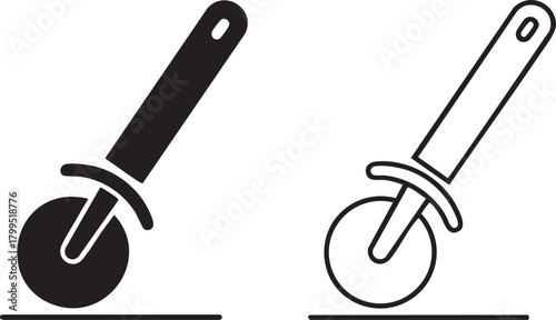 Two pizza cutters one solid black silhouette and one outline isolated on transparent background