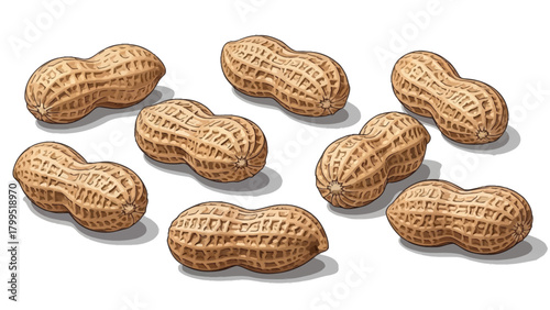 Multiple peanuts are scattered on a white background