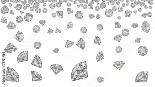 Numerous faceted transparent diamonds scattered across a white background
