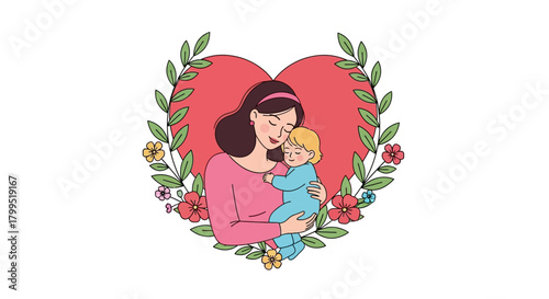 A loving mother holds her sleeping baby, framed by a floral heart. A beautiful vector illustration for Mother's Day