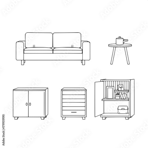 “Render a minimalist modular furniture graphic with four separate objects—sofa, side table with cooker and mug, line-patterned cabinet, and open box with décor. Use heavy black outlines, white interio