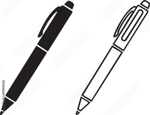 Two stylized pens one solid silhouette and one outlined isolated on transparent background