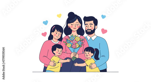 Family Love Parents and Children Sharing Affection and Flowers on a Special Day