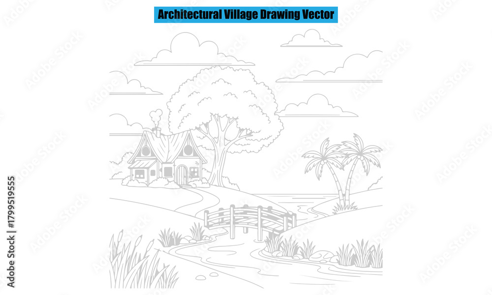 Obraz premium Landscapes, Village Houses, and City Parks Outline Vector Pack