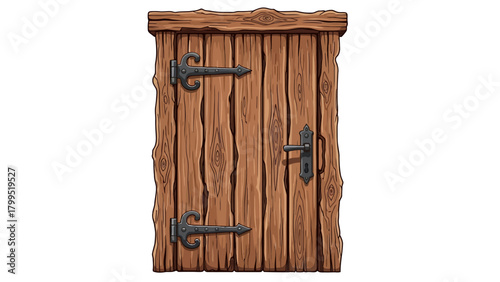 Old wooden door with metal hardware on a white background
