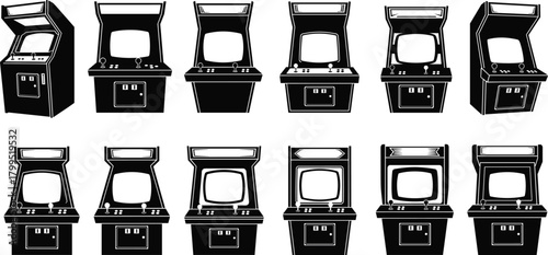 Arcade cabinet vector set, black and white illustration, retro gaming machine designs, joystick and button layout, vintage game icon template