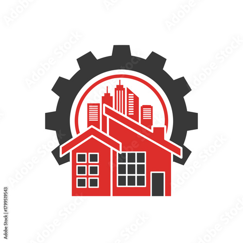 Urban Real Estate Development and Industrial Housing Logo Vector. Red House Symbol with City Skyline Inside Black Gear.