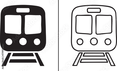 Two train icons one solid black silhouette and one outline isolated on transparent background