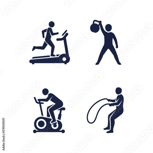Set of Gym Workout and Indoor Fitness Silhouettes Vector. Collection of Treadmill, Kettlebell, Cycling, and Battle Ropes Icons.