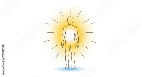 Human body silhouette with a glowing yellow aura representing spiritual energy, chakra, and soul