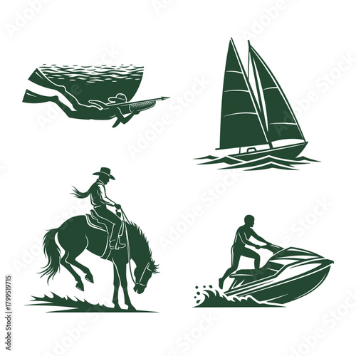 Set of Outdoor Adventure and Water Sports Silhouettes Vector. Collection of Scuba Diving, Sailing, Horse Riding, and Jet Ski Icons.