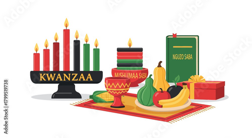 Kwanzaa Celebration Illustrative Elements of Symbols and Festive Decorations Displayed