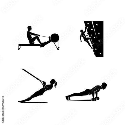 Set of Gym Training and Adventure Sports Silhouettes Vector. Collection of Rowing Machine, Rock Climbing, and Strength Exercise Icons.