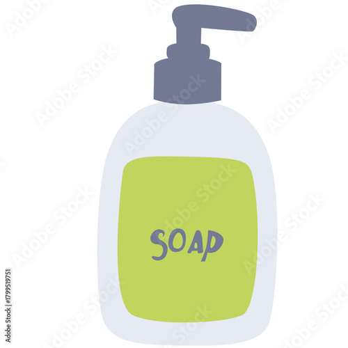 Green soap dispenser with gray pump, suitable for teaching handwashing, sanitation, or public health education.