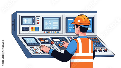 Operator in hard hat and vest at control panel with multiple screens