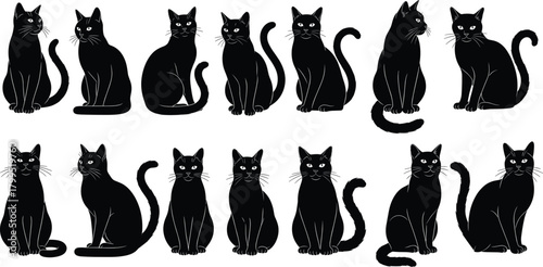 Black cat silhouette vector set, stylized feline posture variations, animal icon design, pet character artwork, mystery theme template, editable graphic