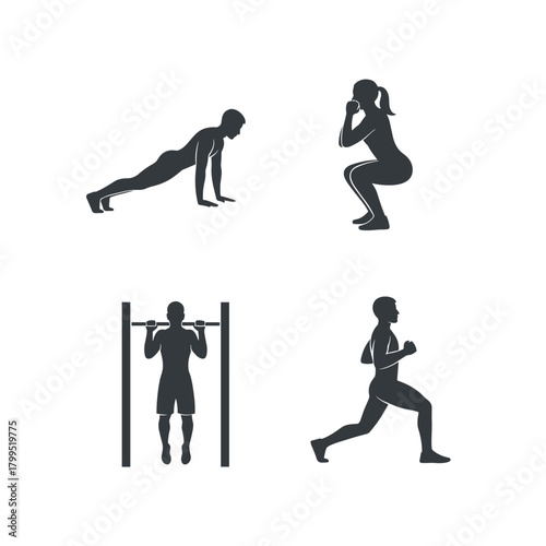 Set of Bodyweight Fitness and Strength Training Silhouettes Vector. Collection of Push-up, Squat, Pull-up, and Lunge Icons.