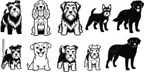 Cartoon dog vector set, black and white pet illustration, stylized breed designs, animal character icons, cute puppy graphic template, editable artwork