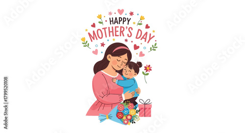 A heartwarming vector illustration for Mother's Day featuring a mother embracing her little daughter with love, flowers, and a gift