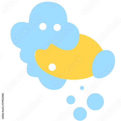 Yellow soap with blue bubbles, perfect for teaching handwashing, germ removal, or kids’ hygiene education materials.