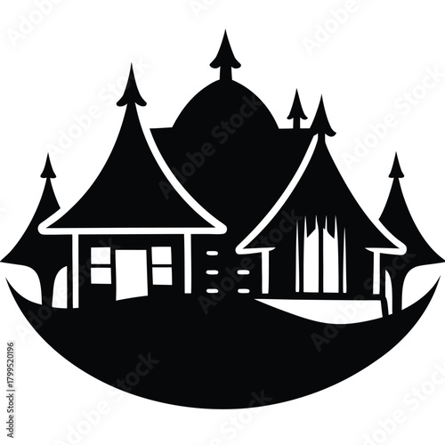 Homestay Authentic Village Travel Silhouette on White Background