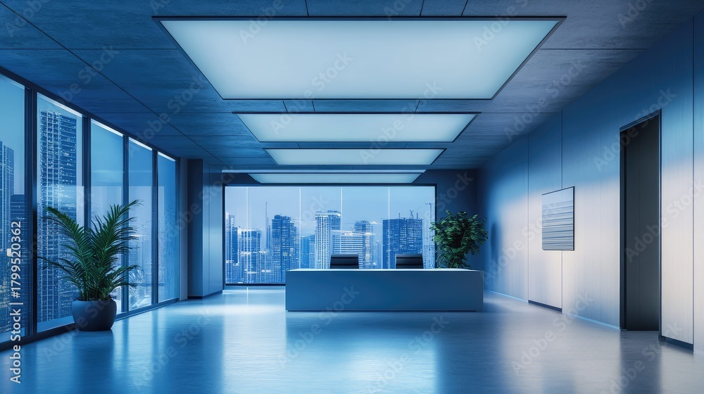 Fototapeta premium Modern corporate reception area with city skyline view