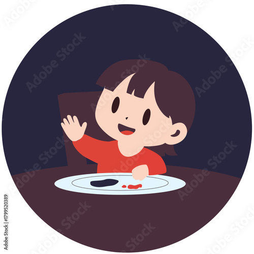 Child wiping plate after meal, perfect for kitchen hygiene, responsibility, or family chore education visuals.