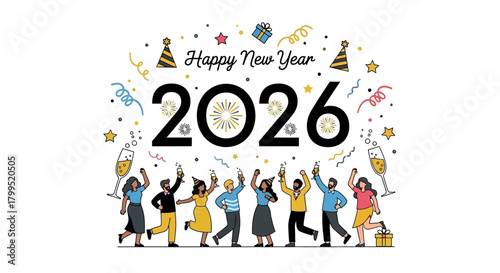 A joyful and diverse group of friends cheerfully toasting with champagne to celebrate the arrival of the New Year 2026