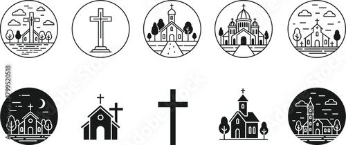 Church and cross icon vector set, black and white religious illustration, Christian symbol design, faith graphic template, spiritual place artwork