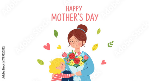 Happy Mother's Day" illustration of a loving mother receiving a vibrant flower bouquet from her child, celebrating family bonds and cherished moments
