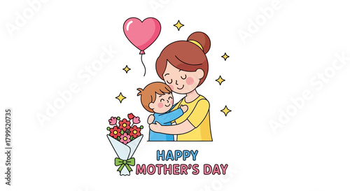 Happy Mother's Day with mom hugging her child, balloon, and flowers