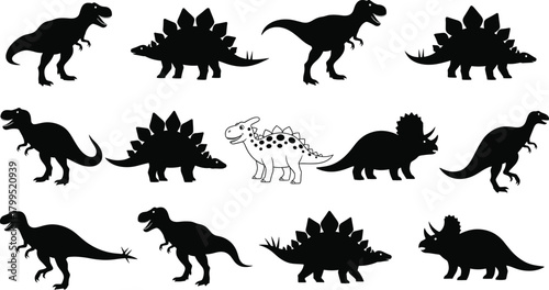 Dinosaur silhouette vector set, black and white illustration, prehistoric animal icons, species variation design, fossil template artwork, extinction era graphic