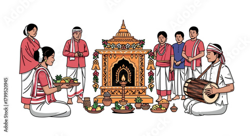 Cultural Celebration Ritual with Traditional Attire and Musical Performance