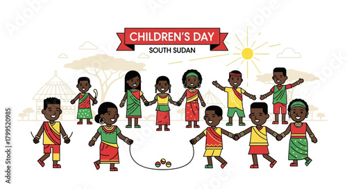 Children's Day in South Sudan Illustration with Happy Kids Celebrating