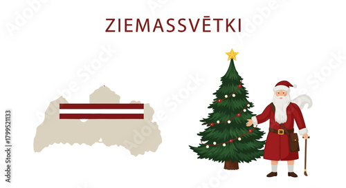 Latvian Christmas Celebration Festive Tree, Santa Claus, and Country Map Illustration