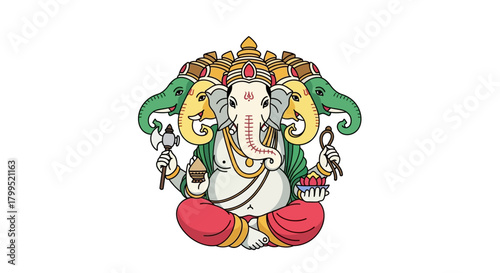 Tableau sur toile Vibrant vector illustration of the Hindu god Ganesha with multiple heads and arm