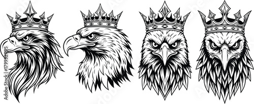 Eagle head vector set, crowned bird illustration, black and white design, royal animal emblem, fierce expression graphic, tattoo style template