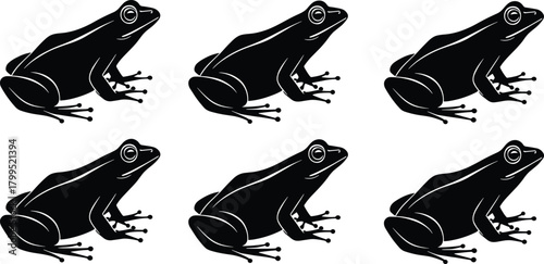 Frog silhouette vector set, black and white illustration, amphibian side profile design, animal icon template, nature graphic artwork, pattern layout